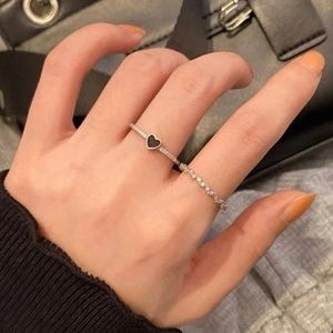 2 pcs Rhinestone and Heart Ring Set Silver Plated
